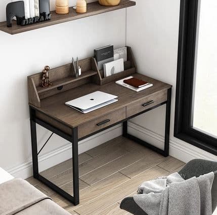 Vivo Modern Dark Walnut Effect Writing Study Desk with Drawers and Hutch