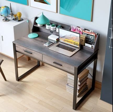 Vivo Modern Dark Walnut Effect Writing Study Desk with Drawers and Hutch