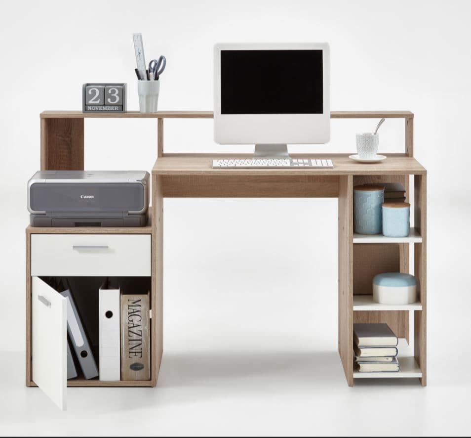 Sense Desk with Hutch in Oak & White