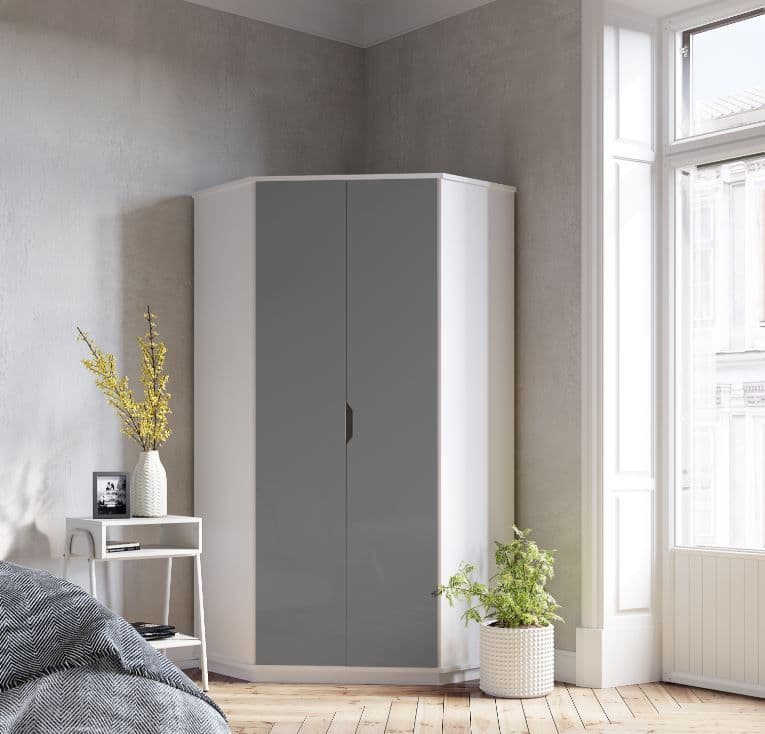 Serene Corner Wardrobe in Glossed Grey & White