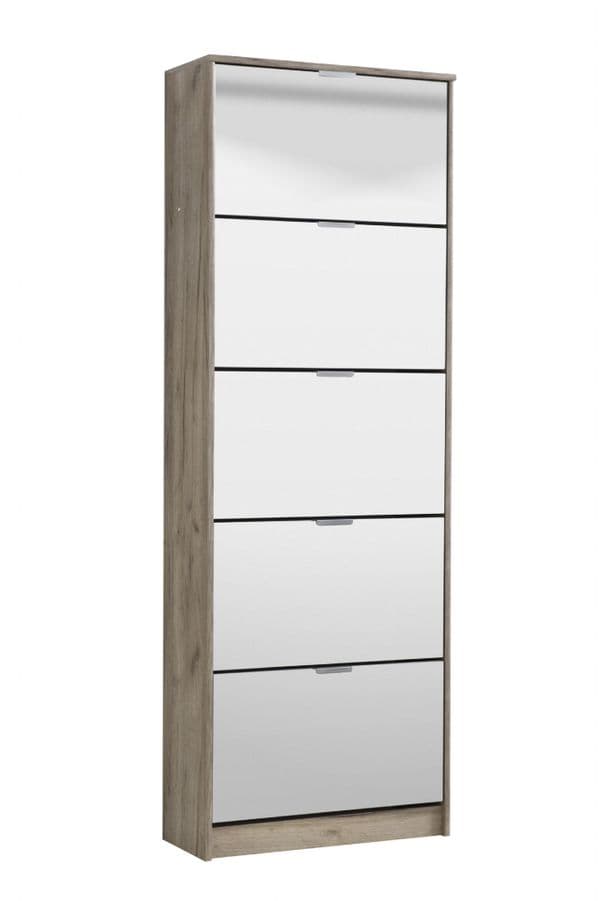 Sydney- 5 Drawer Mirrored and Oak Effect Shoe Storage Cabinet - 11008552