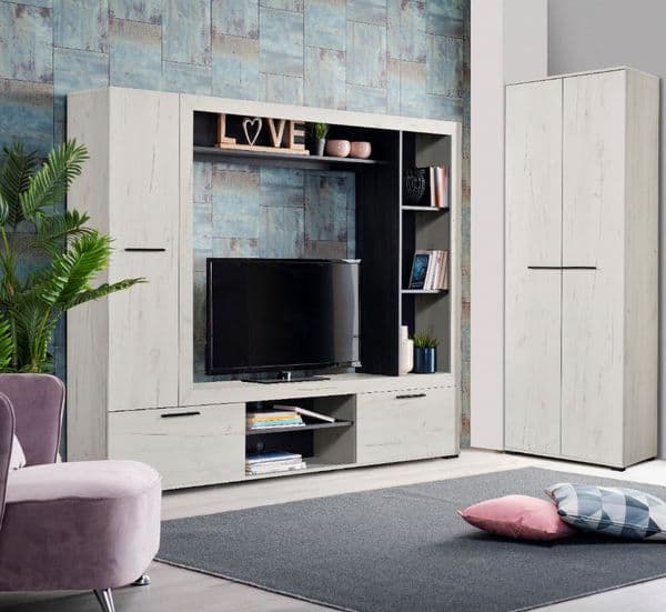 Ferrara Entertaiment Unit Wall TV Cabinet in White Oak and Black -11008353