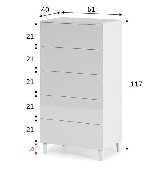 Lira Tall White Soft Gloss Chest of Drawers with 5 drawers and legs- 007835BO